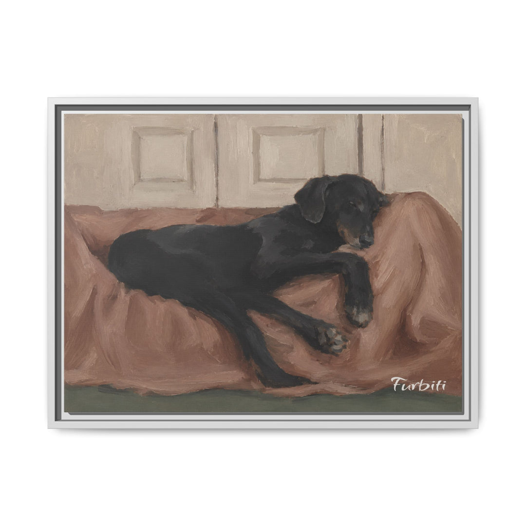 White Framed Resting Black Dog Horizontal Pet Canvas Product View