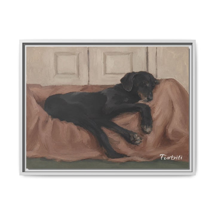 White Framed Resting Black Dog Horizontal Pet Canvas Product View